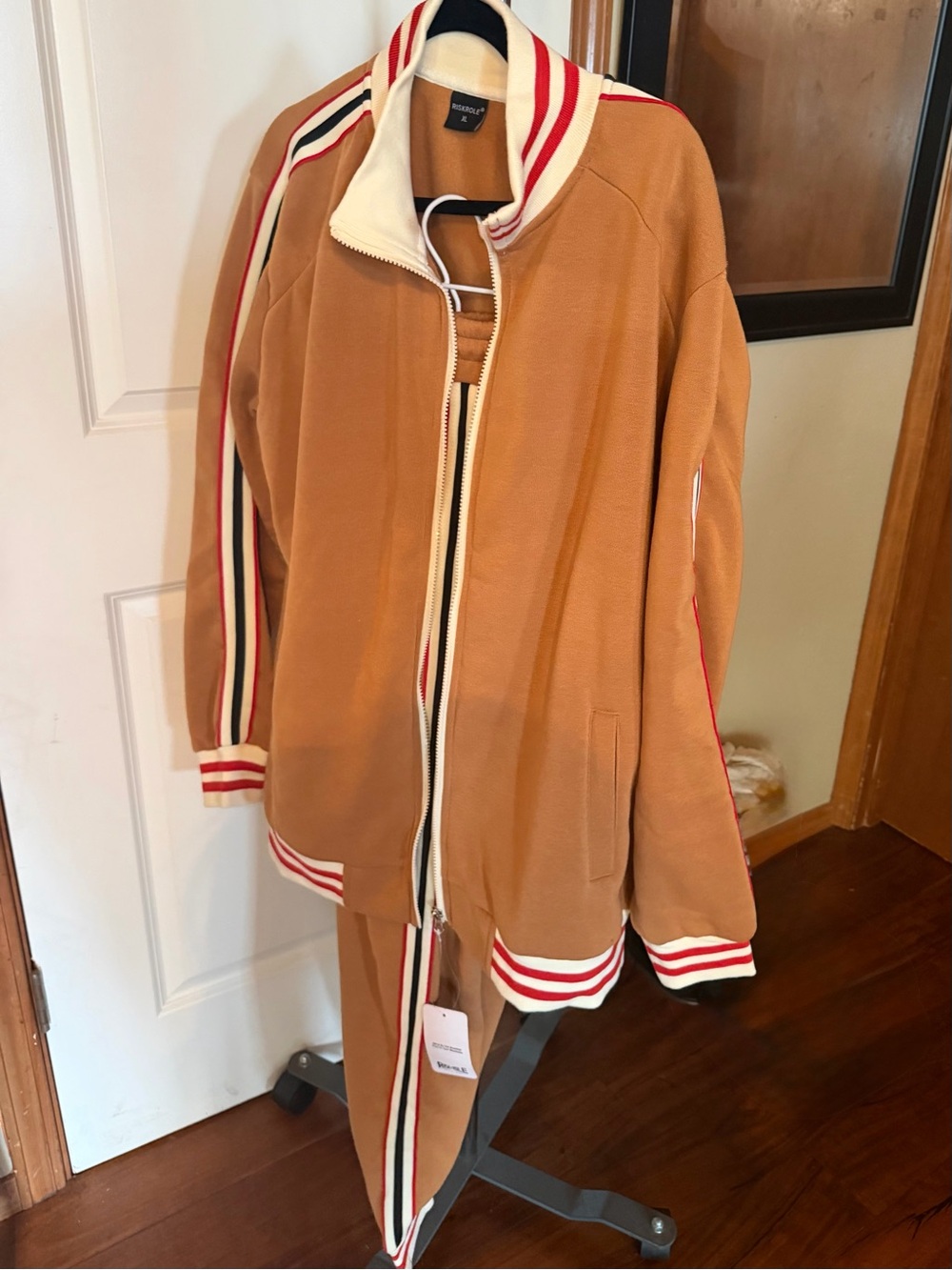 Men's Tan Track Jacket with Striped Trim by Unknown Brand